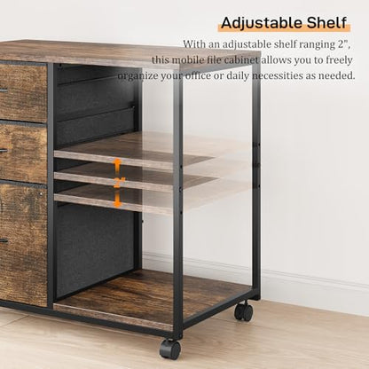 VINGLI 3 Drawer File Cabinet with Wheels Under Desk Printer Stand, Rolling File Cabinet with Shelves Adjustable, Mobile Lateral Filing Cabinet for Home Office, Fits Letter Size, Rustic Brown - color: Rustic Brown, size: Lateral 3 Drawers