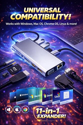 USB-C Hub 11-in-1 Multiport Docking Station with 4K HDMI, VGA, Ethernet, 100W PD, USB 3.0, SD/TF Card Reader & Audio Jack – USB-C Adapter for Laptop, MacBook, Windows & Chromebook