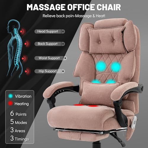 Massage Office Chair with Foot Rest,6 Points Vibration & Heat Executive Office Chairs for Heavy People,500LBS Big and Tall Office Chair,Ergonomic Reclining Desk Chair, PinkCloth - color: Pink, size: 6 Point Vibration