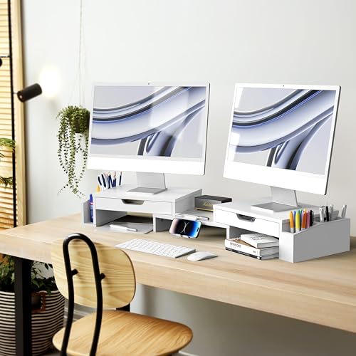 Simple Houseware Desk Dual Monitor Stand Riser with 2 Drawers, White - color: White