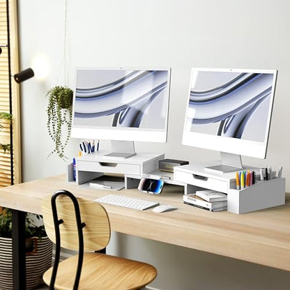 Simple Houseware Desk Dual Monitor Stand Riser with 2 Drawers, White - color: White
