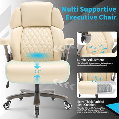 Big and Tall Office Chair 700lbs, Ergonomic High Back Computer Desk Chair | Adjustable Headrest&Lumbar Support, 3D Flip Arms, Large Wheels, Heavy Duty Metal Base, Thick Padded Wide Seat Executive Chair - color: Beige
