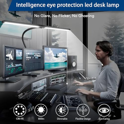 33Inch Desk Lamp for Home Office, Eye-Caring Architect Desk Lamp with Clamp, 24W Ultra Bright Auto Dimming Computer Light Stepless Dimming and Tempering Table Light for Reading, Study, Work