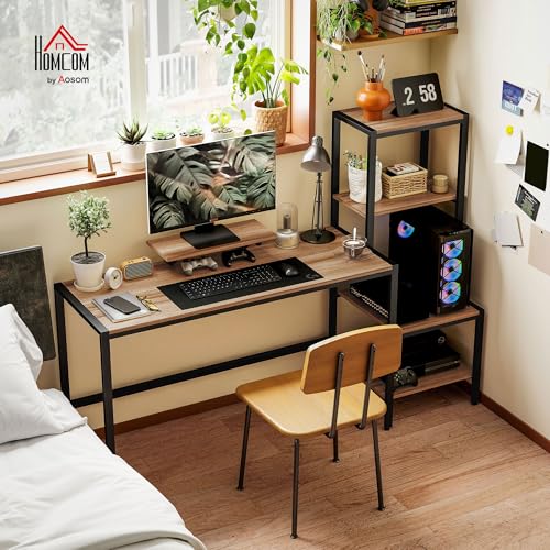 HOMCOM 67" Gaming Desk Reversible Computer Desk for Home Office Brown | Monitor Stand, 4-Tier Storage Shelves