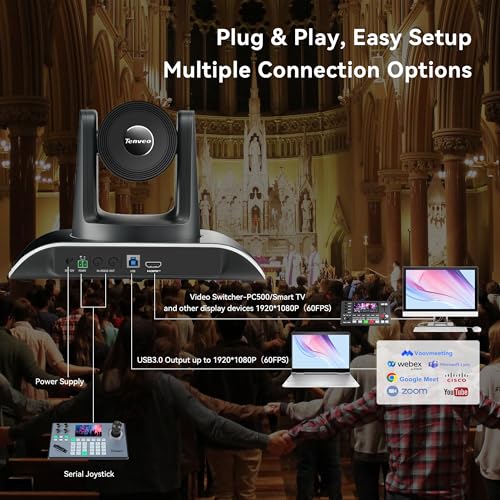 Tenveo 20X Optical Zoom PTZ Camera with AI Auto-Tracking, USB 3.0/HDMI, FHD 1080P60 for Video Conferencing, Live Streaming, Church, Education, Zoom, Teams & OBS - color: Obsidian Black