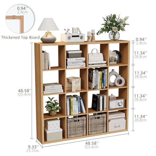 VDNEND Cube Storage Organizer Bookcase, Decorative 11 inch Open Back Cubical Shelf with Thickened Border, Display Bookshelf for Living Room, Home Office, Sturdy Room (Natural Oak, 16 Cube) - color: Natural Oak, size: 16-Cube, Standard
