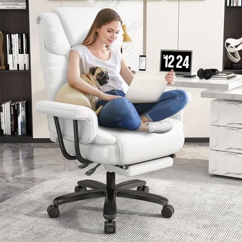 GYI 160 Reclining Office Chair with Footrest, Big & Tall Desk Chair, White | Cross Legged Seat, High Back, Faux Leather, Heavy Duty Base, Adjustable Height, for Home, Executive - color: White