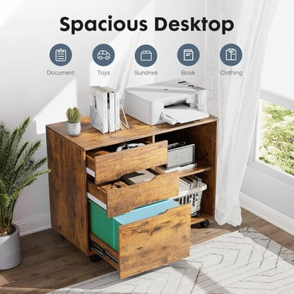 Healsmart Multifunction File Cabinet with Wheels, 3-Drawer Rolling Storage Organizer with Wood Top & Adjustable Shelf, Mobile Filing Cabinet Printer Stand for Home Office Small Space, Brown - color: Brown, style: Upgrade