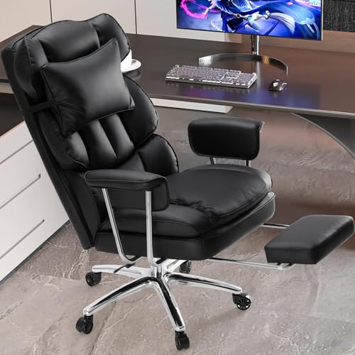 DUMOS Ergonomic Home Office Desk Chair, Executive Chair, PU Leather | Big Tall High Back, Lumbar Support, Reclining Height Adjustable, Computer Gaming, Footrest Swivel Wheels, Black - color: Black