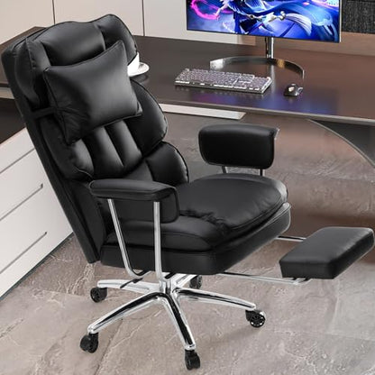 DUMOS Ergonomic Home Office Desk Chair, Executive Chair, PU Leather | Big Tall High Back, Lumbar Support, Reclining Height Adjustable, Computer Gaming, Footrest Swivel Wheels, Black - color: Black