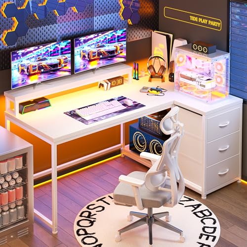 EnHomee 48"White L Shaped Desk with 3 Storage Drawers for Teen Gamers Study | Computer Desk with 3 Fabric Drawers; Organize Gaming Accessories & Stationery for Tidy Teen Study & Gaming Corner, White - color: White, size: 48inch