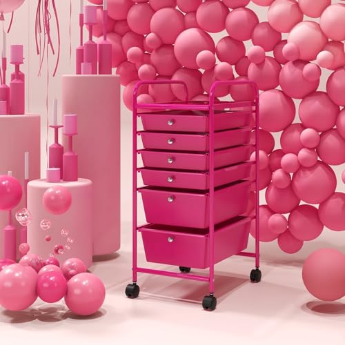 LDAILY Rolling Storage Cart with Drawers, Classroom Storage, Hot Pink - color: Hot Pink, size: 6 Drawer