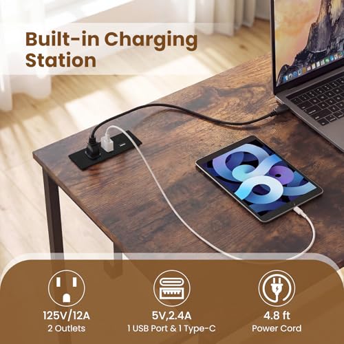 GIANTEX Computer Desk with Charging Station, 38" Home Office Desk w/ 2 Fabric Drawers, Storage Shelf & Headphone Hook, Industrial Study Work PC Table, Writing Desk for Small Spaces (Rustic Brown) - color: Rustic Brown