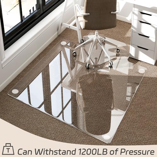 Irregular Tempered Glass Floor Mat - 45" x 53" Office Chair Mat for Carpet | Heavy Duty Hard Rolling Glass Mat, Shatterproof Desk Floor Mat 1/5" Thick for Hardwood Floor/Carpeted Floors, Clear - size: 45" x 53"