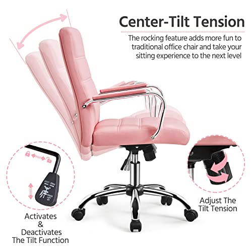Yaheetech Pink Office Chair PU Leather Swivel Rocking Desk Seat with Arms | Foam-padded channel-stitched PU leather back supports desk hours; chrome frame rocks, adjusts in height, rolls on casters. - color: Pink
