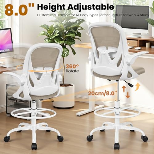 Drafting Chair Tall Office Chair with Flip-up Armrests Executive Ergonomic Computer Standing Desk Chair with Lumbar Support and Adjustable Footrest Ring（Khaki） - color: Khaki, size: 934-Z