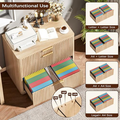 Lateral File Cabinet with 3 Drawers, Natural Oak Fluted Filing Cabinet | Fluted File Cabinet for Letter/Legal/A4 Size Hanging Files, Large Wood File Storage Cabinets Printer Stand for Home Office