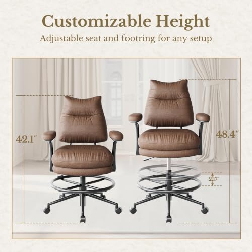 Drafting Chair, Tall Leather Office Desk Chair, Vintage Brown | Extra Thick Cushion, Padded Flip-Up Armrests, Mid-Back Cushioned Seat, 360° Swivel Rolling Computer Desk Chair - size: Extra Thick