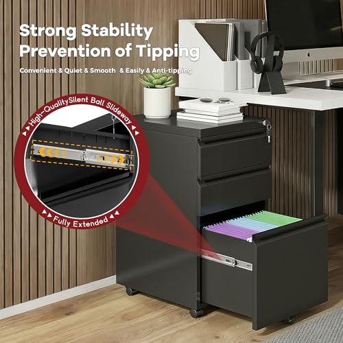 Bonusall 【Fully Assembled 3 Drawer File Cabinet with Lock, Small Under Desk Filing Cabinet for Home Office, Fully Assembled Metal Rolling Storage Fits A4/Letter/Legal, Black
