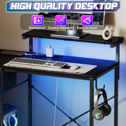 X-cosrack 33.5" Small Gaming Desk with LED Lights & Power Outlets, Drawers - color: Carbon Fiber Black, size: 33.5" with Monitor Stand