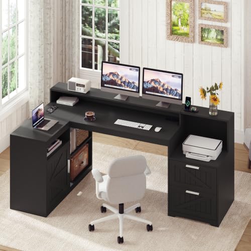 TVU Farmhouse L Shaped Desk with Drawers, 62.2" Home Office Desk with Storage Shelves and Power Outlet, L Shaped Computer Desk with Monitor Stand and Printer Shelf, Black - color: Black