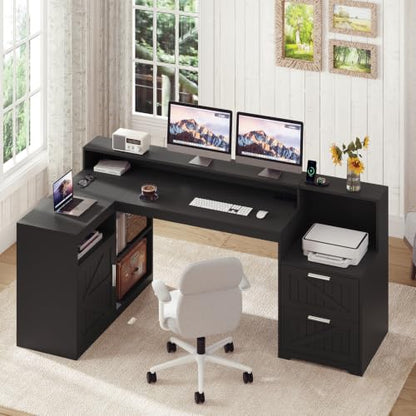 TVU Farmhouse L Shaped Desk with Drawers, 62.2" Home Office Desk with Storage Shelves and Power Outlet, L Shaped Computer Desk with Monitor Stand and Printer Shelf, Black - color: Black
