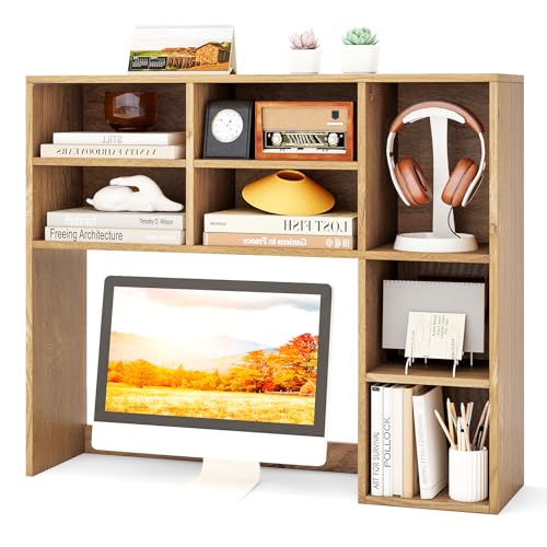 Tangkula Desktop Bookshelf, 37" Countertop Storage Hutch with 7 Cubes & 3 Adjustable Shelves, 3-Tier Desk Display Rack Organizer, Multipurpose Wood Desktop Hutch for Dorm Home Office (Natural) - color: Natural, size: 7 Shelves