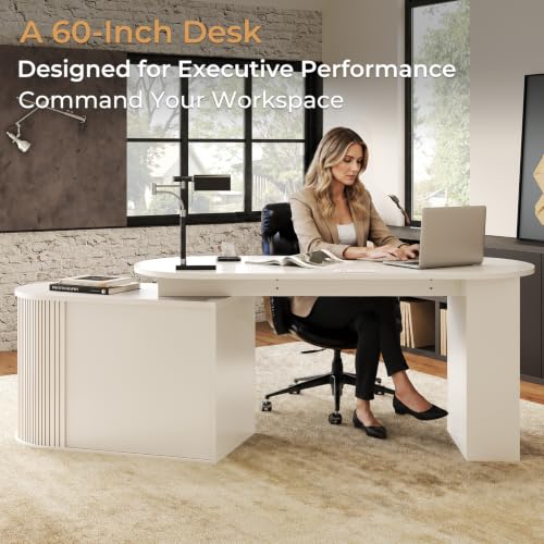 HSH 60 Inch L Shaped Computer Desk, Reversible L Desks with Storage Cabinet - color: White