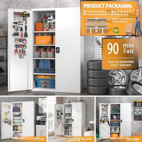 Upgraded Tall & Wide Metal Storage Cabinet with Doors & 4 Adjustable Shelves | Heavy-Duty Black Lockable Garage Cabinet with Wheels & Pegboard for Office, Gym, Basement, Warehouse (White) - color: White- Large