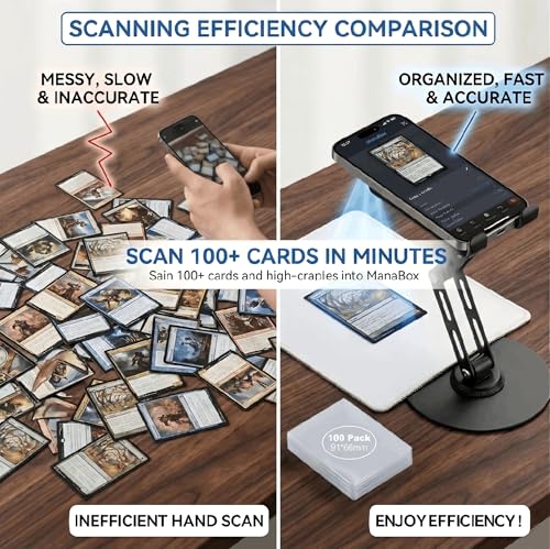 Card Scanner TCG, Foldable Trading Card Scanner Setup & Trading Card Stand - Carbon Steel Phone Mount for Quick Price Check, Includes Pad & 100PC Sleeves, Compatible with MTG