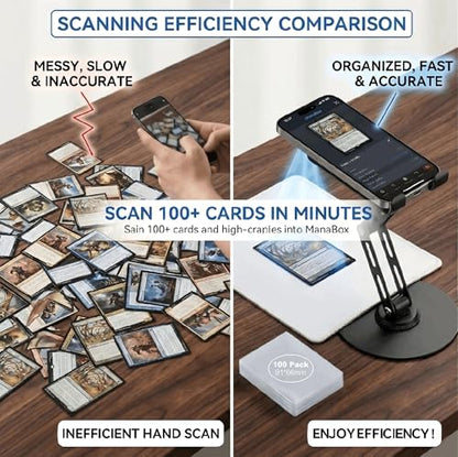 Card Scanner TCG, Foldable Trading Card Scanner Setup & Trading Card Stand - Carbon Steel Phone Mount for Quick Price Check, Includes Pad & 100PC Sleeves, Compatible with MTG