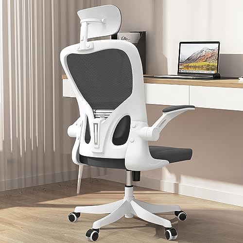 Monhey Office Chair, Ergonomic Office Chair with Lumbar Support & 3D Headrest & Flip Up Arms Home Office Desk Chairs Rockable Computer Chair Multi-Angle from 90° to 130° with 350LBS CapacityChair - color: 02white+black