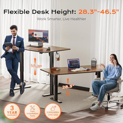 Huuger 63 x 28 Large Electric Standing Desk, Height Adjustable Computer Desk, 27.6" Deep Desktop, Stand up Gaming Office Table with 2 Hooks, 3 Preset Heights, for Home Office, Rustic Brown, 7021Z-1 - color: Rustic Brown, size: 63*28 inch (no outlets)