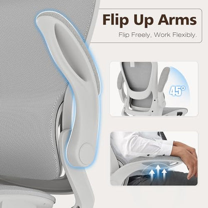 Ergonomic Mesh Office Chair- White Desk Chair, Flip-Up Armrest, Adjustable Headrest, Tilting with Soft Seat and PU Wheel, Elite Home Desk Chair for Work, Study, Gaming (GY1108) - color: White Mesh
