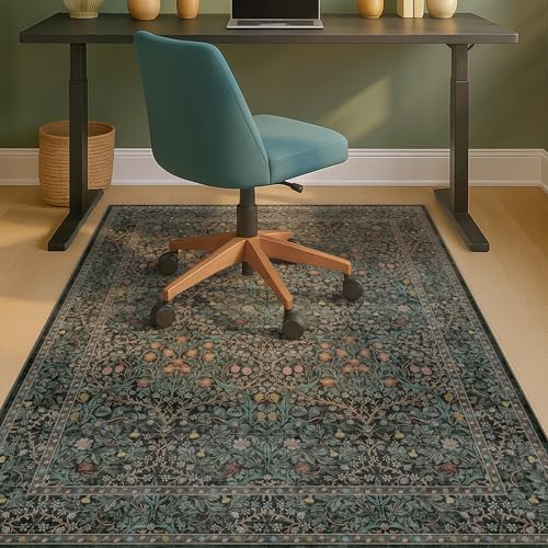 48"x60" Dark Green Office Chair Mat for Hardwood & Tile Floor, Vintage Floral Washable Under Desk Rug with Anti-Slip Backing & Ultra Soft, Floor Protector for Rolling Chairs, Stain Resistant - color: Forest - Dark Green, size: 4' x 5'