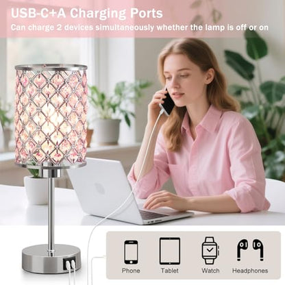 GyroVu Pink Crystal Bedside Table Lamps Set of 2 with USB C+A Ports - color: Pink-2, size: 14.75"