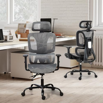 Grey Ergonomic High Back Mesh Office Chair | Lumbar Support, Adjustable Headrest, 3D Armrests, Reclining, Home/Office/Gaming, 330LBS - color: Grey, style: Upgrade w/o footrest