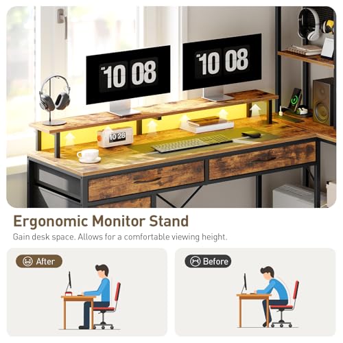 L Shaped Computer Desk with Drawers, 53'' Gaming Desk with Storage Shelves, Corner Computer Desk with Power Outlets & LED Light, Home Office Desk with Monitor Stand and Pegboard, Rustic Brown