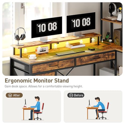 L Shaped Computer Desk with Drawers, 53'' Gaming Desk with Storage Shelves, Corner Computer Desk with Power Outlets & LED Light, Home Office Desk with Monitor Stand and Pegboard, Rustic Brown