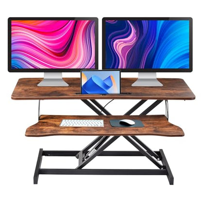 38-inch Standing Desk Converter Height Adjustable Sit to Stand Up Workstation, Duals Monitor and Laptop Riser with Wide Keyboard Tray, for Home, School, Company, Brown - color: Brown