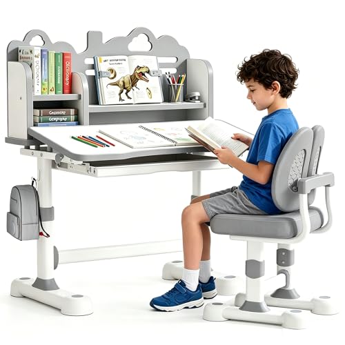 Kids Study Desk and Chair Set 3-12, Adjustable Children School Desk-10GREY | Height Adjustable | 50° Tilt Desktop | Book Stand & Metal Hook & Storage Drawer | Writing Drawing Table for Boys and Girls - color: 100-grey-27.5in