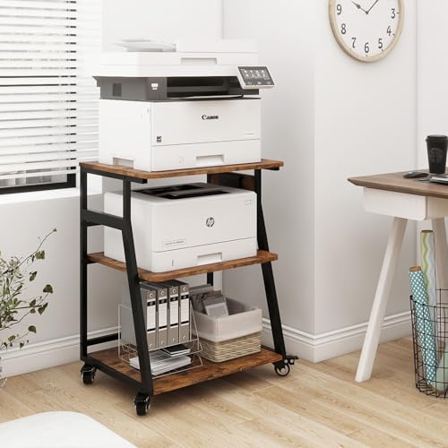 Natwind 3 Tier Large Printer Stand, 24"x20", with Charging Station,Retro | Rolling Printer Table with Adjustable Shelf for Home Office Organization, with Industrial Wheels,Safe Rounded Edge Design - color: Retro, size: 23.6''x19.7''