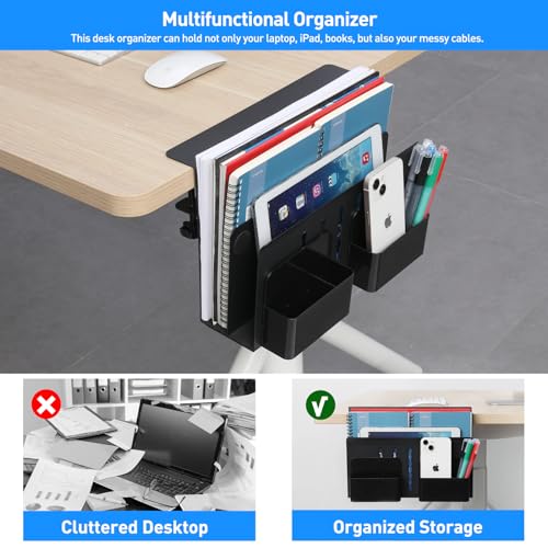 MAXECHO Desk Side Storage, Under Desk Laptop Mount, Table Side Hanging File Organizer, No Drill Clamp On Cable Management Tray, Laptop Holder with Magnetic Pen Holder for Office and Home, Load 22 Lbs - color: Black