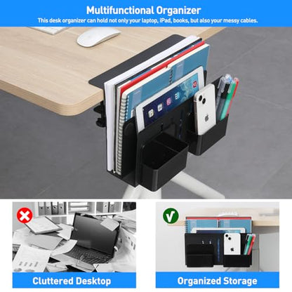 MAXECHO Desk Side Storage, Under Desk Laptop Mount, Table Side Hanging File Organizer, No Drill Clamp On Cable Management Tray, Laptop Holder with Magnetic Pen Holder for Office and Home, Load 22 Lbs - color: Black
