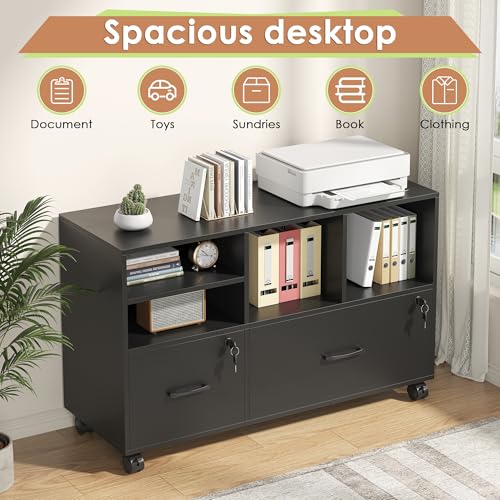 2 Drawer Wood Lateral File Cabinet with Lock, Lockable Rolling Filing Cabinet with Adjustable Storage Shelves, Printer Stand Office Storage Cabinet for Home Office Fits Files Legal/A4, Black - color: Black-2 Drawers