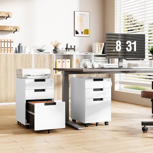 Mobile File Cabinet,3 Drawer Locking Storage Filing Cabinet,Office Metal Storage Cabinet on Wheels for Legal/Letter/A4 File(Fully Assembled，White) - color: White, size: 14.6"W x 23.6"H x 17.3"D
