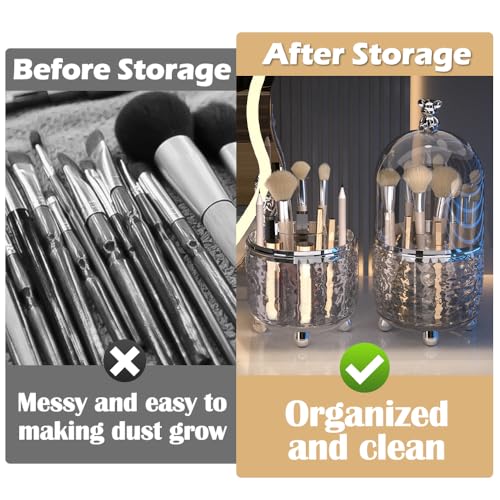 Makeup Brush Holder Organizer with Lid, 360°Rotating Dustproof Makeup Brushes Organizer, 4 Compartment Make Up Brushes Cup for Vanity Desktop Bathroom Countertop (Gray) - color: Gray