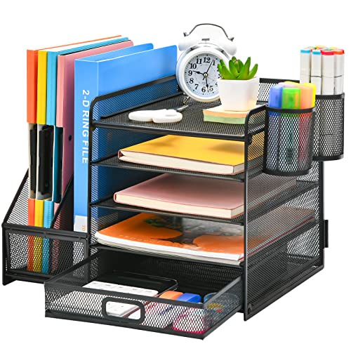 Marbrasse Desk Organizer with File Holder, 5-Tier Paper Letter Tray Organizer with Drawer and 2 Pen Holder, Mesh Desktop Organizer and Storage with Magazine Holder for Office Supplies(Black) - color: Black