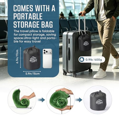 SkytraxComf® Travel Neck Pillow with Hood for Privacy on Long Flights | Memory Foam | Airplane Sleep | Safety-Tested Materials | Extra Large Hood | Chin Support | Earplugs | Washable Cover - color: Olive