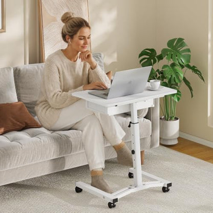 Rolling Adjustable Height Computer Desk With Drawers, Small Mobile Laptop Desk Cart On Wheels For Small Spaces Home Office, Portable Sitting Laptop Table For Bed Couch Load Up To 60LBS, Sturdy, White - color: White
